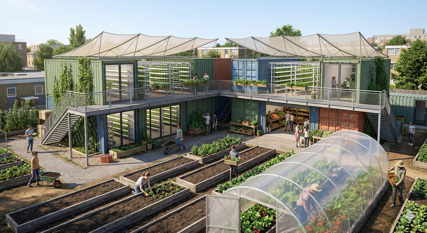 Rendering of a Hyperlocal Urban Food Hubs modular food hub site